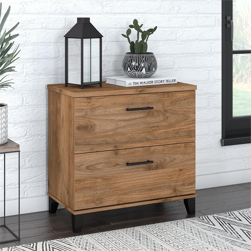 Maklaine Engineered Wood 2 Drawer Lateral File Cabinet in Fresh Walnut