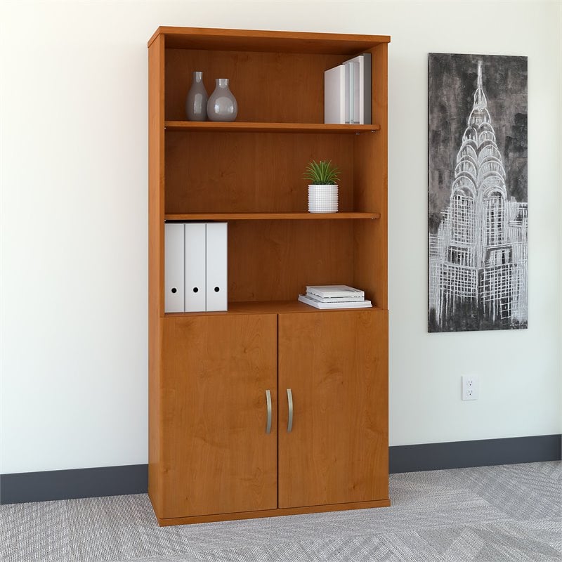 Maklaine Engineered Wood 36W 5 Shelf Bookcase with Doors in Natural Cherry