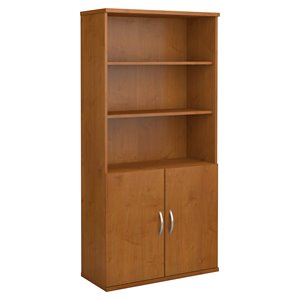 Maklaine Engineered Wood 36W 5 Shelf Bookcase with Doors in Natural Cherry