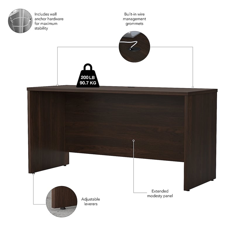 Maklaine Engineered Wood 60W x 24D Credenza Desk in Black Walnut