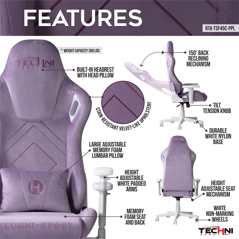 Maklaine Contemporary Sport Velvet Fabric Gaming Chair in Purple