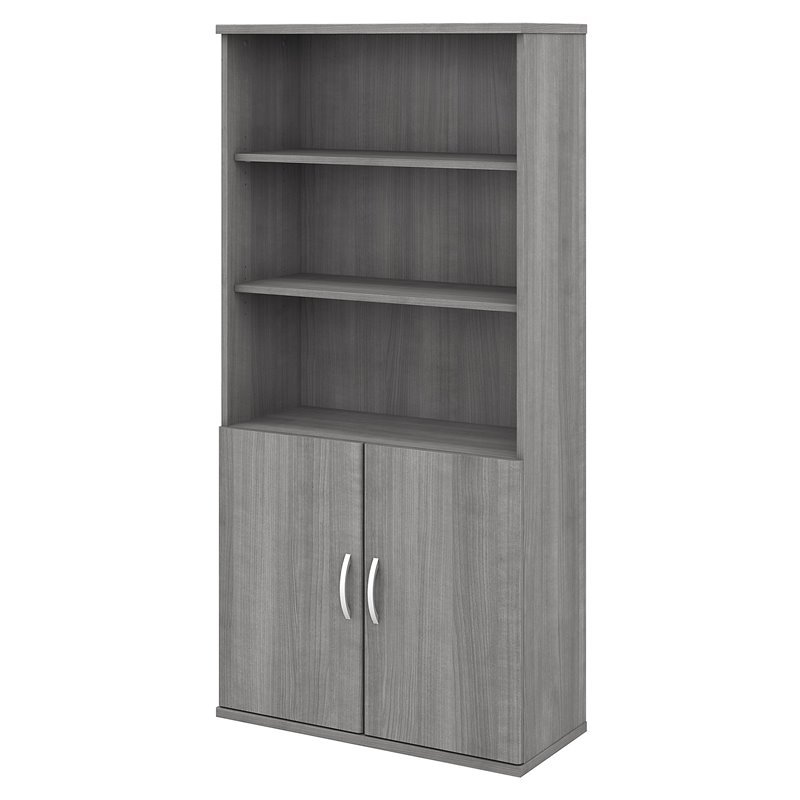Maklaine Engineered Wood 5 Shelf Bookcase with Doors in Platinum Gray