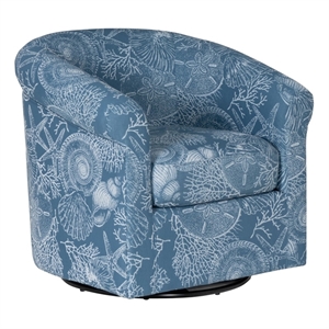 Maklaine Fully Upholstered Coastal Swivel Club Chair in Blue Seashell Pattern