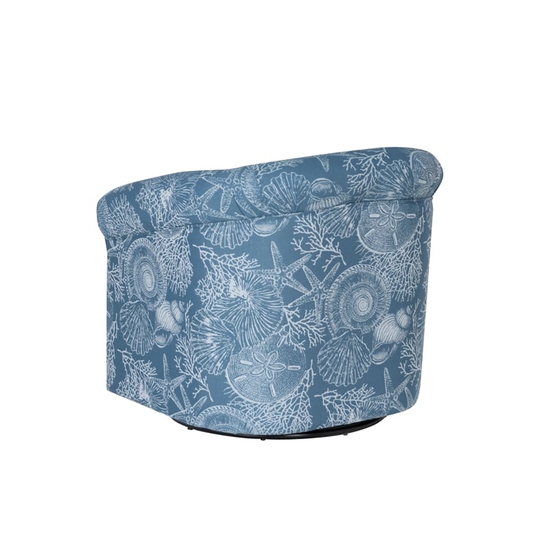 Maklaine Fully Upholstered Coastal Swivel Club Chair in Blue Seashell Pattern