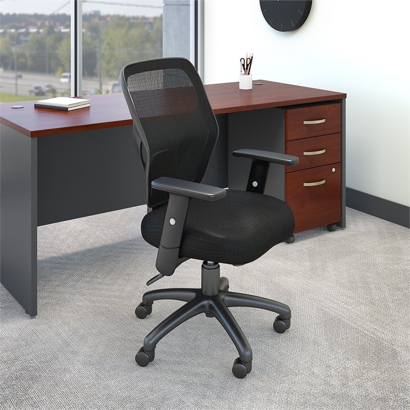 Maklaine Mesh Back Office Chair on Casters in Black - Fabric