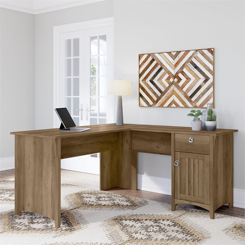 Maklaine Engineered Wood 60W L Shaped Desk with Storage in Reclaimed Pine