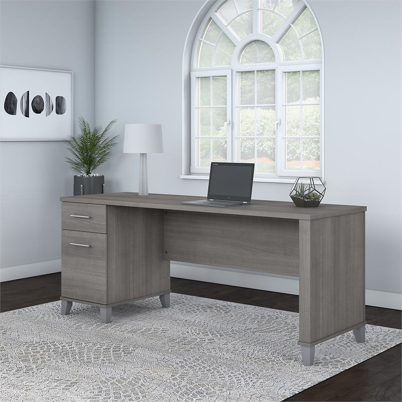 Maklaine Engineered Wood 72W Office Desk with Drawers in Platinum Gray