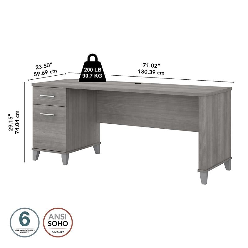 Maklaine Engineered Wood 72W Office Desk with Drawers in Platinum Gray
