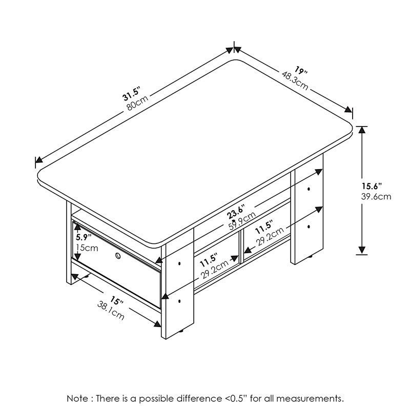 Maklaine Engineered Wood Coffee Table with Bin Drawer in Dark Brown/Black