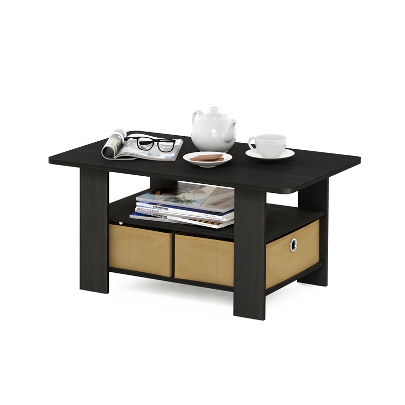 Maklaine Engineered Wood Coffee Table with Bin Drawer in Espresso/Brown
