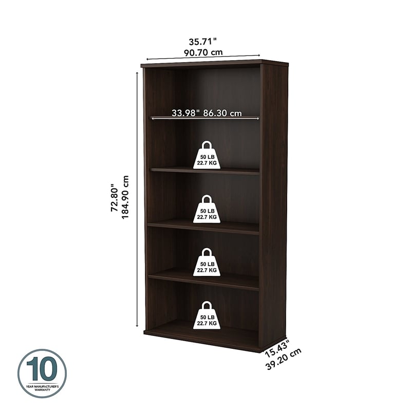 Maklaine Engineered Wood Tall 5 Shelf Bookcase in Black Walnut