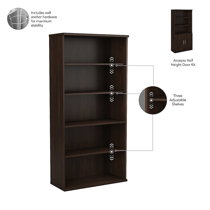 Maklaine Engineered Wood Tall 5 Shelf Bookcase in Black Walnut