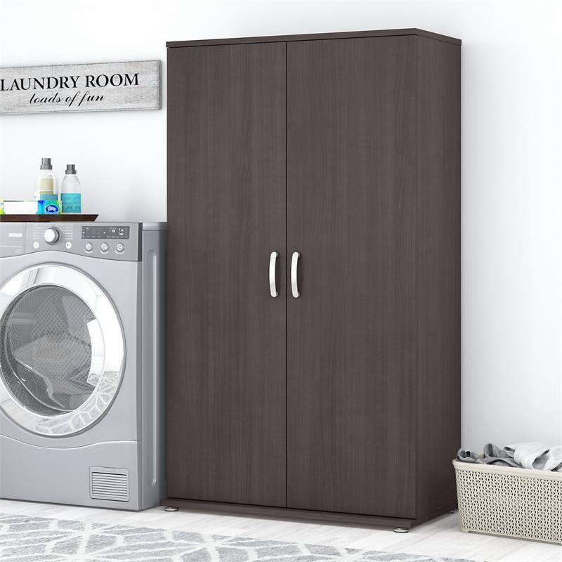 Maklaine Engineered Wood Tall Linen Cabinet with Doors in Storm Gray