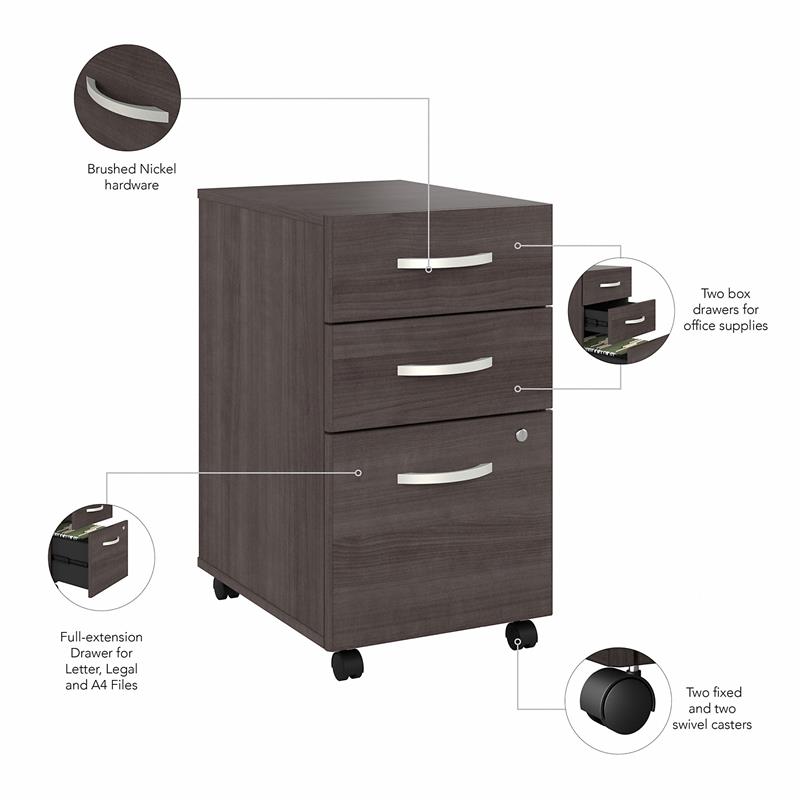 Maklaine Engineered Wood 3 Drawer Mobile File Cabinet in Storm Gray