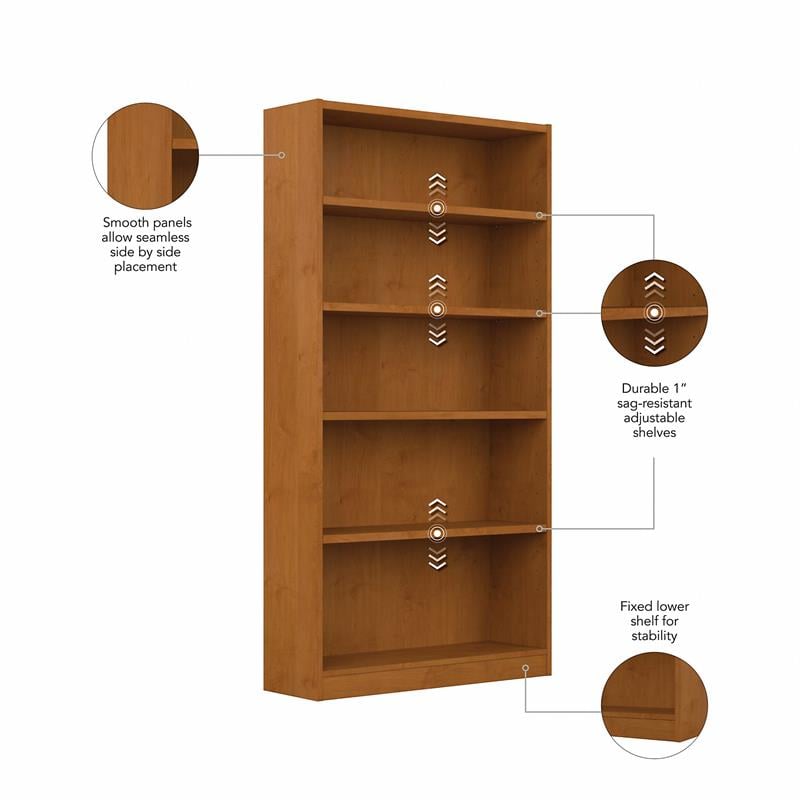 Maklaine Engineered Wood Tall 5 Shelf Bookcase in Natural Cherry