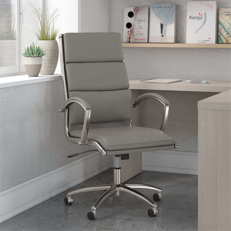 Maklaine High Back Leather Executive Office Chair in Light Gray Leather