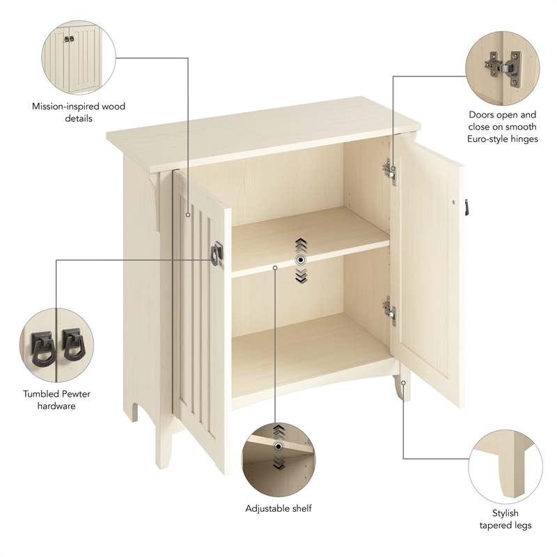 Maklaine Small Storage Cabinet with Doors and Shelves in Antique White