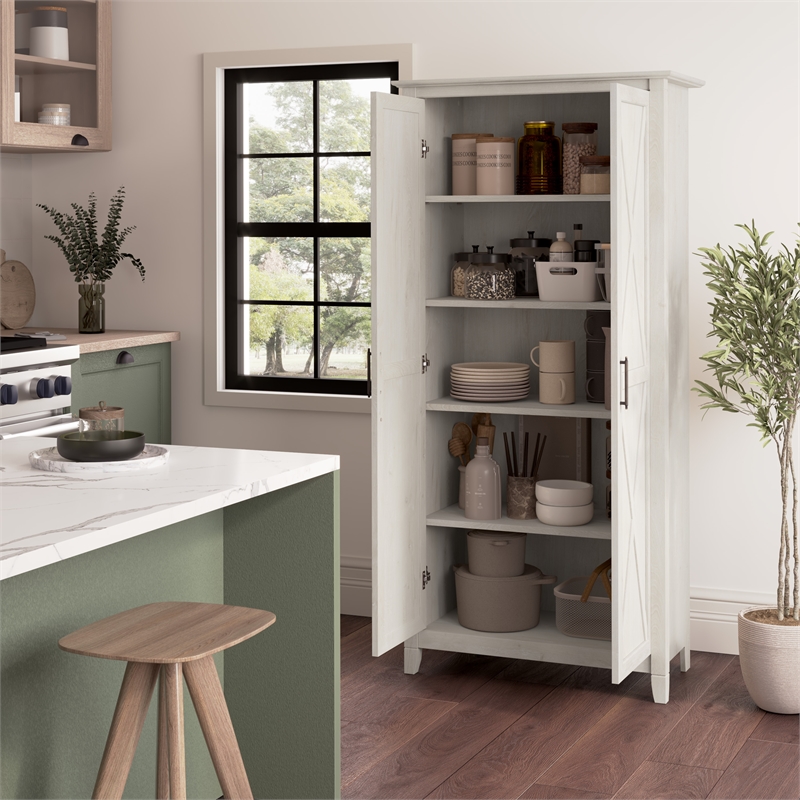 Maklaine Engineered Wood Kitchen Pantry Cabinet with Doors in Linen White Oak