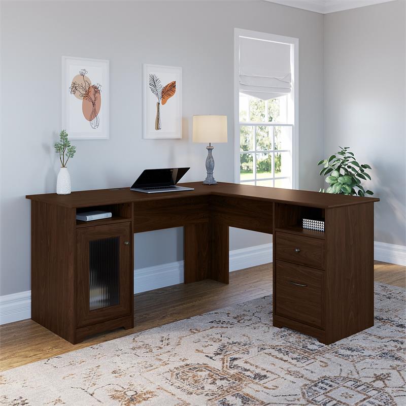 Maklaine Engineered Wood 60W L Shaped Computer Desk in Modern Walnut