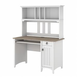 Maklaine Engineered Wood Small Computer Desk with Hutch in White/Shiplap Gray