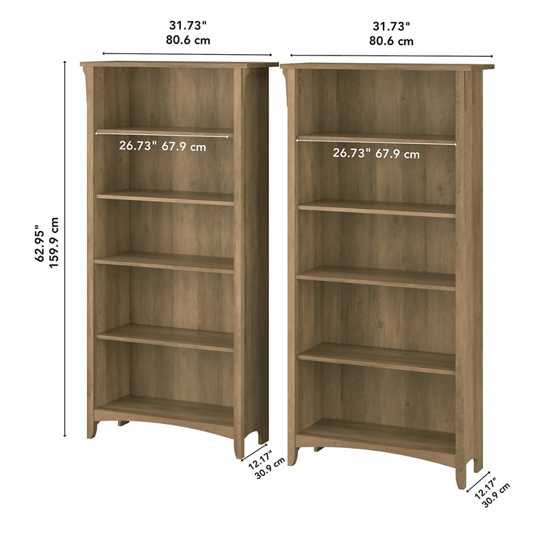 Maklaine Engineered Wood Tall 5 Shelf Bookcase Set of 2 in Reclaimed Pine