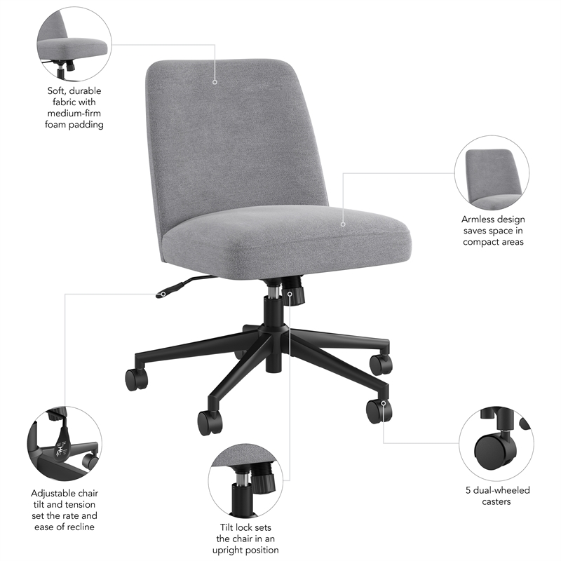 Maklaine Mid Back Armless Office Chair with Wheels in Cool Gray Fabric