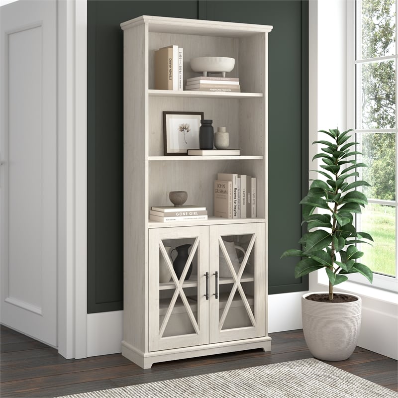 Maklaine Engineered Wood 5 Shelf Bookcase with Glass Doors in Linen White Oak