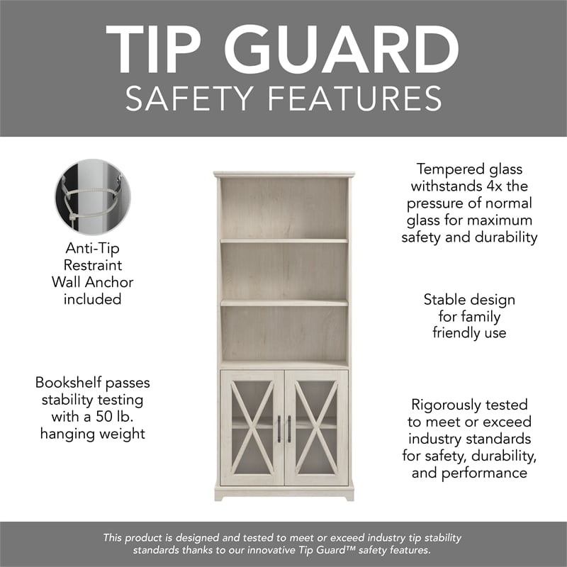 Maklaine Engineered Wood 5 Shelf Bookcase with Glass Doors in Linen White Oak