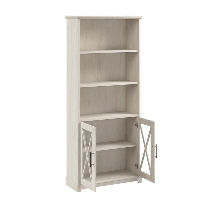 Maklaine Engineered Wood 5 Shelf Bookcase with Glass Doors in Linen White Oak