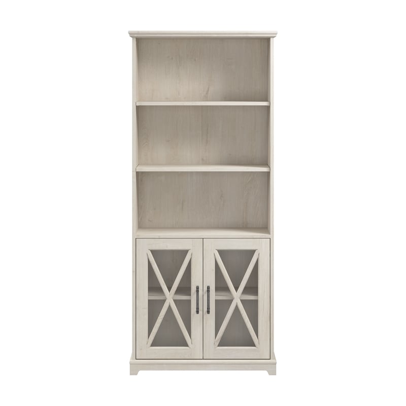 Maklaine Engineered Wood 5 Shelf Bookcase with Glass Doors in Linen White Oak