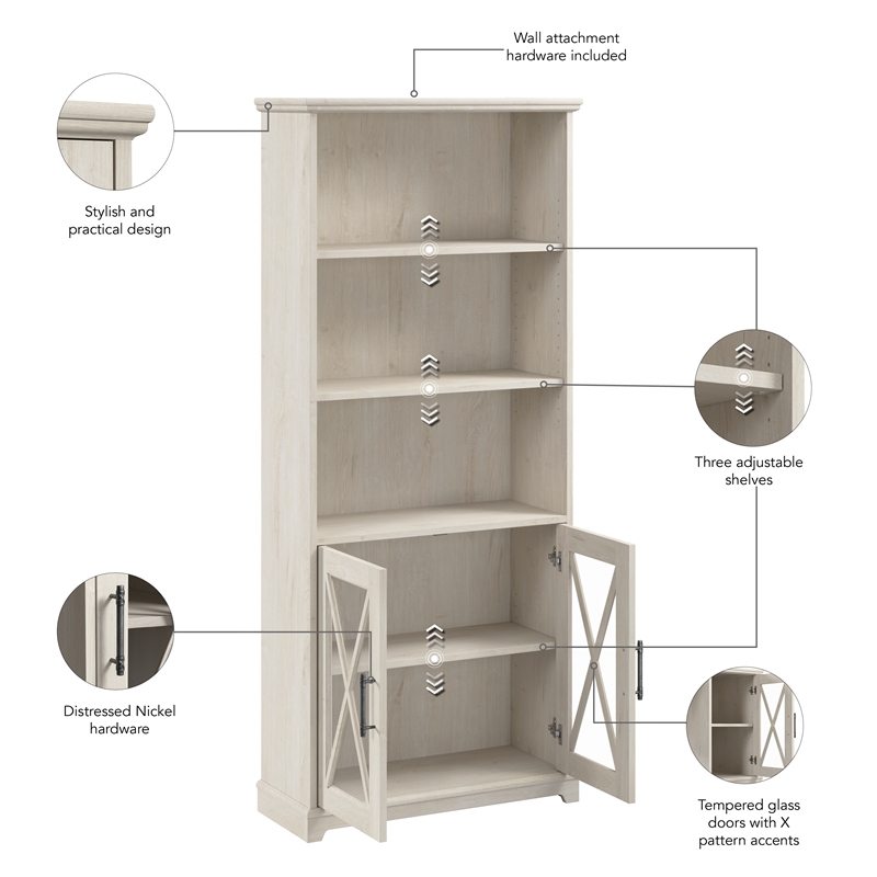 Maklaine Engineered Wood 5 Shelf Bookcase with Glass Doors in Linen White Oak