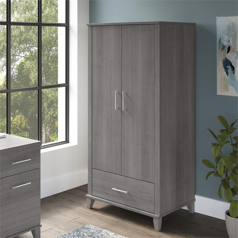 Maklaine Engineered Wood Tall Storage Cabinet with Doors in Platinum Gray