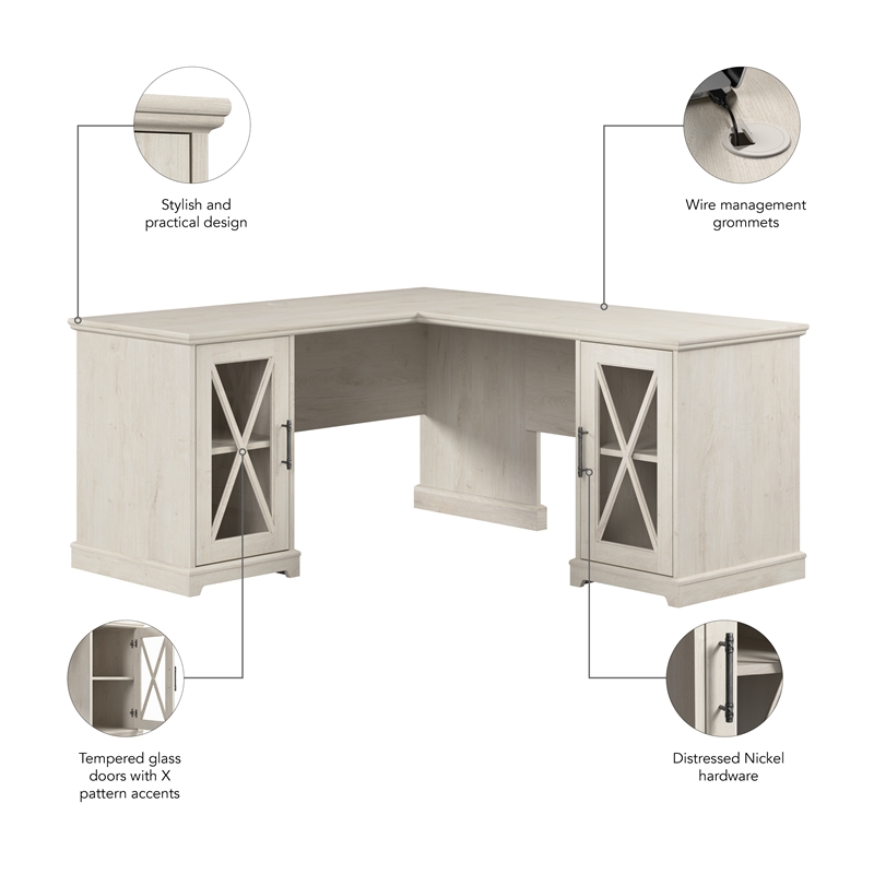 Maklaine Transitional Engineered Wood L-Shaped Desk in Linen White Oak