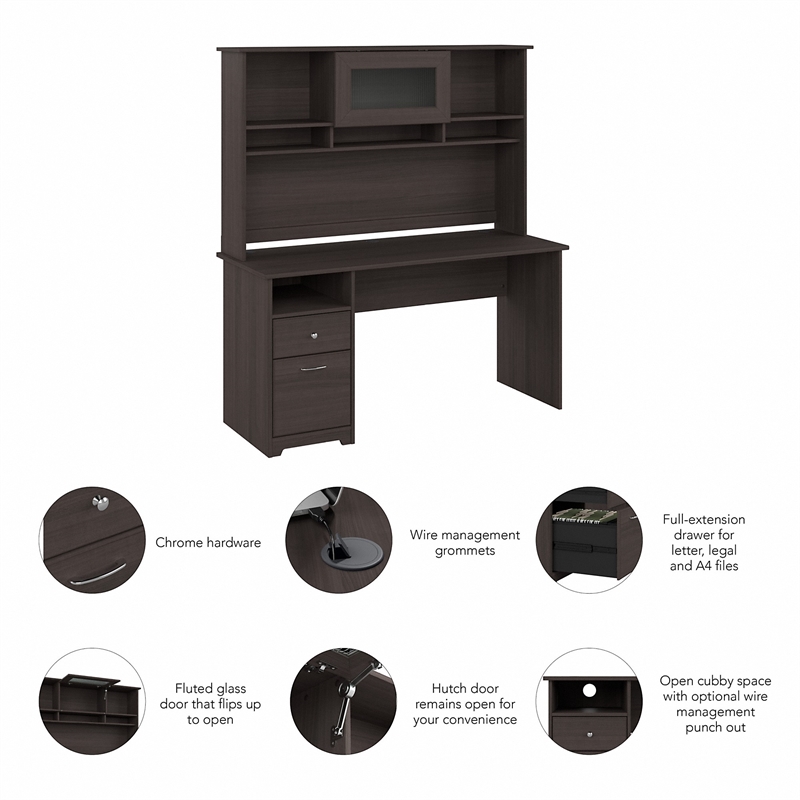 Maklaine Engineered Wood 60W Computer Desk with Hutch in Heather Gray