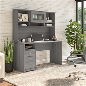 Maklaine Engineered Wood 60&quotW Computer Desk with Hutch in Modern Gray