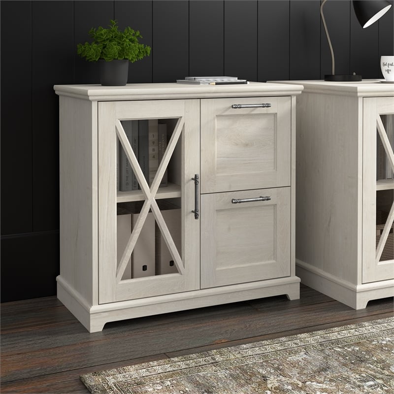 Maklaine Engineered Wood Lateral File Cabinet with Shelves in Linen White Oak