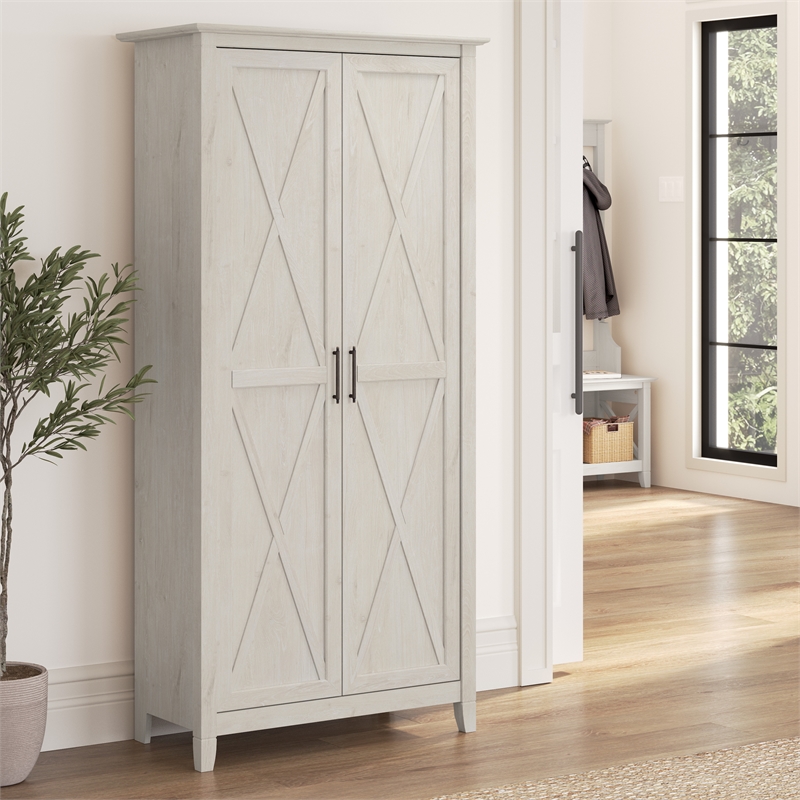 Maklaine Engineered Wood Tall Storage Cabinet with Doors in Linen White Oak