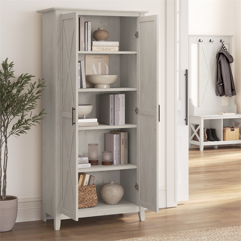 Maklaine Engineered Wood Tall Storage Cabinet with Doors in Linen White Oak