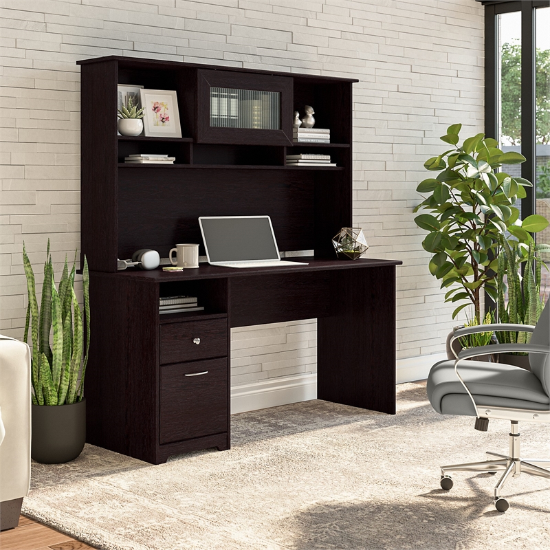 Maklaine Engineered Wood 60W Computer Desk with Hutch in Espresso Oak