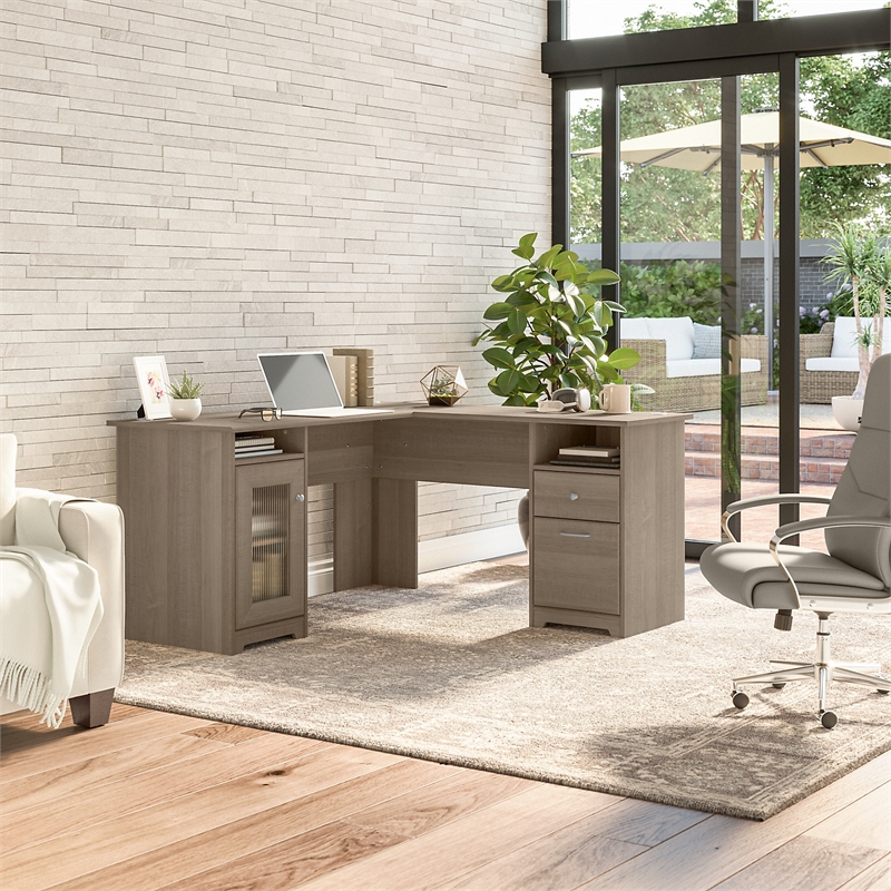 Maklaine Engineered Wood Traditional 60W L Shaped Computer Desk in Ash Gray