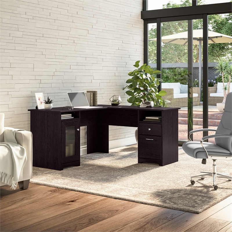 Maklaine Engineered Wood 60W L Shaped Computer Desk with Storage in Espresso Oak