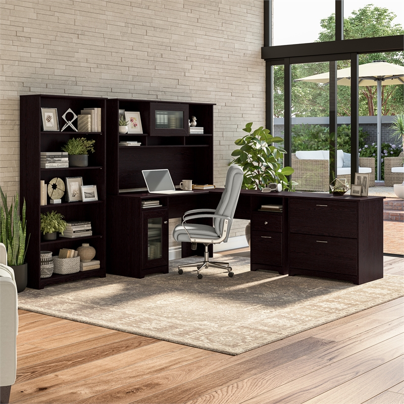 Maklaine Engineered Wood 60W L Shaped Computer Desk with Storage in Espresso Oak