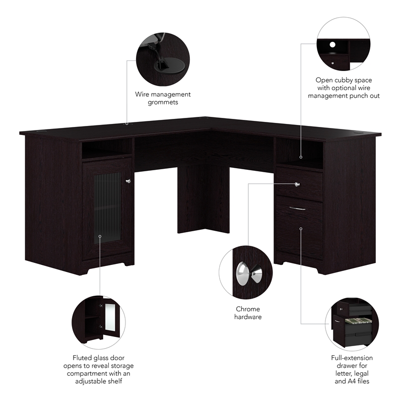 Maklaine Engineered Wood 60W L Shaped Computer Desk with Storage in Espresso Oak