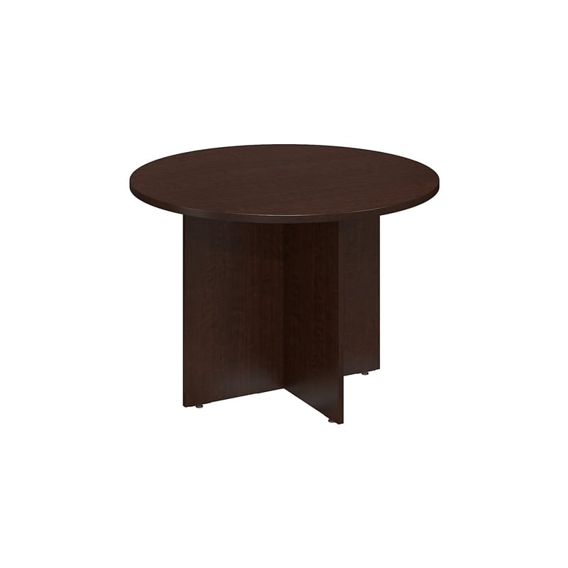 Maklaine Round Conference Table with Wood Base in Mocha Cherry