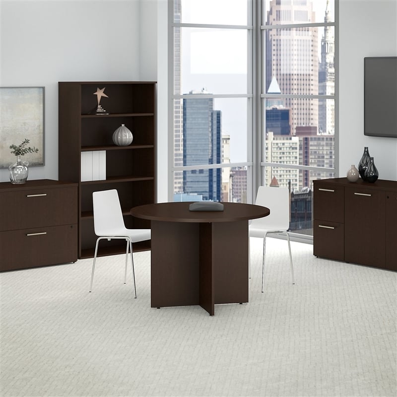Maklaine Round Conference Table with Wood Base in Mocha Cherry