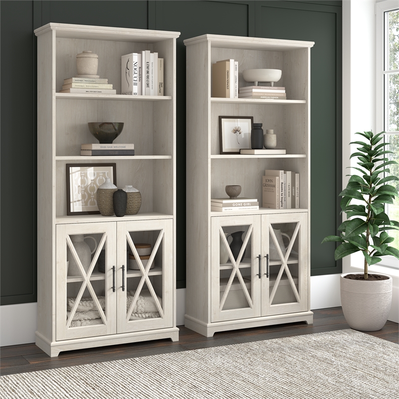 Maklaine 5-Shelf Engineered Wood Bookcase in Linen White Oak (Set of 2)