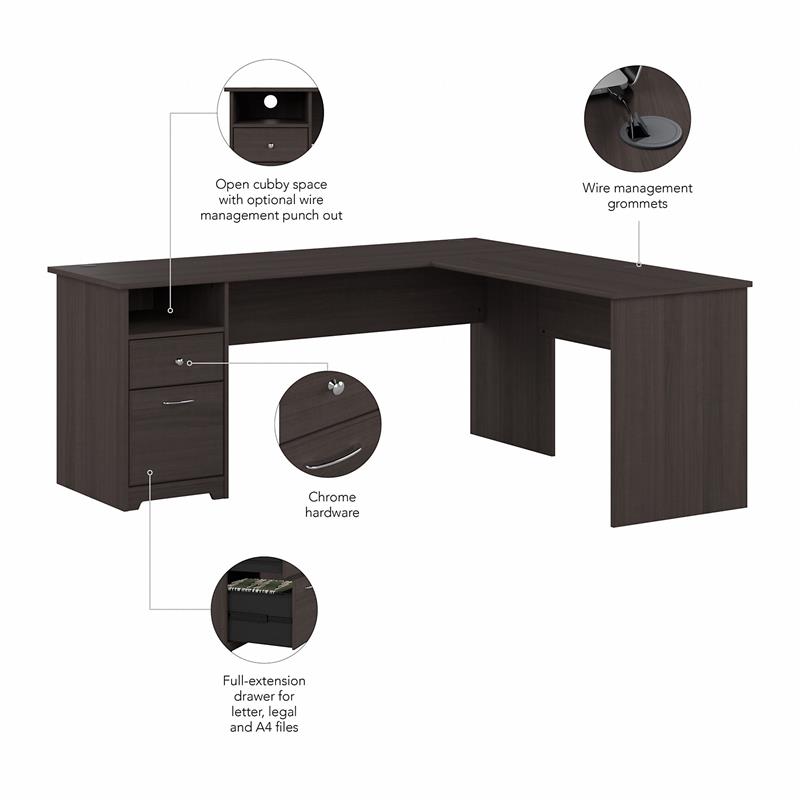 Maklaine Engineered Wood 72W L Shaped Computer Desk with File in Heather Gray