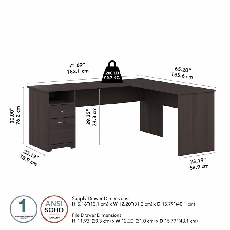 Maklaine Engineered Wood 72W L Shaped Computer Desk with File in Heather Gray