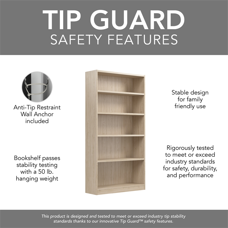 Maklaine Engineered Wood Universal Tall 5 Shelf Bookcase in Natural Elm