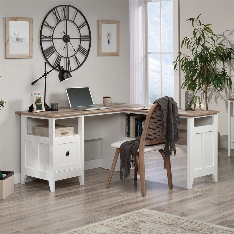 Maklaine Engineered Wood L-Shaped Computer Desk in Glacier White